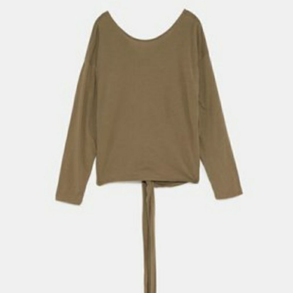 Zara Open Back Bow Tie Long Sleeve Top Size Small Olive Army Green​​​​​​​​​​​​​